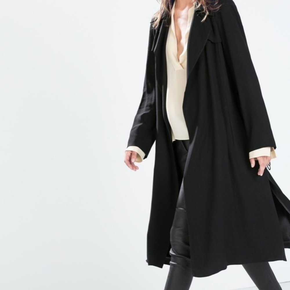 Zara Flowy Black Trench Coat, Size Small